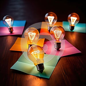 Glowing lightbulbs and multicolored postits, showing creativity and diversity of ideas in a business envrironment