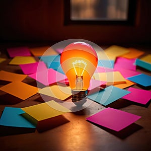 Glowing lightbulbs and multicolored postits, showing creativity and diversity of ideas in a business envrironment photo