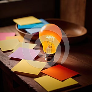 Glowing lightbulbs and multicolored postits, showing creativity and diversity of ideas in a business envrironment photo