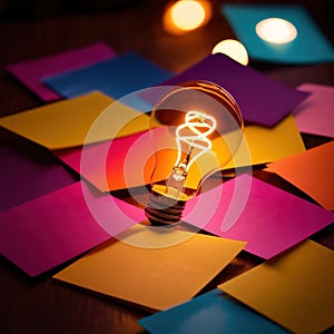 Glowing lightbulbs and multicolored postits, showing creativity and diversity of ideas in a business envrironment