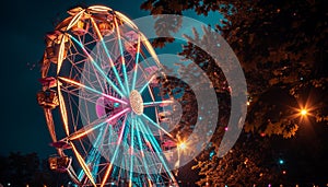 Glowing lights on ferris wheel. AI generated.