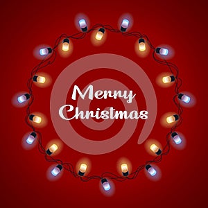 Glowing lights Wreath for Xmas Holiday Greeting Cards Design. Colourful Glowing Christmas Lights. Vector illustration.