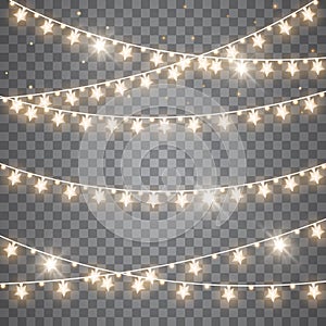 Glowing lights for Xmas Holiday cards, banners, posters, web design. Garlands decorations. Vector illustration