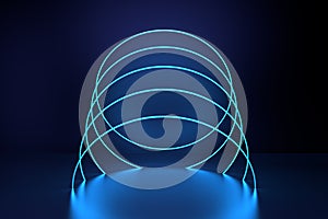 Glowing lines, neon lights, virtual reality, abstract background, circles portal, arch, pink blue spectrum vibrant
