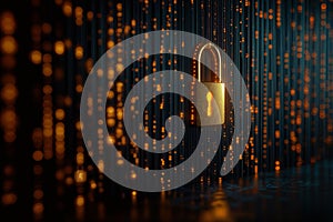 Binary Code and Glowing Lock Symbolizing Cybersecurity in a