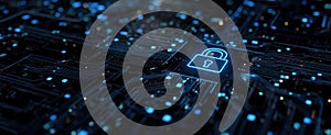 The glowing lock symbol on a complex digital circuit board background..AI generated image
