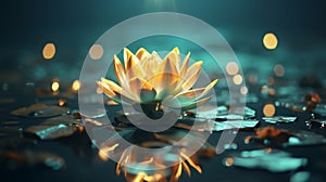 Glowing lotus flower on turquoise water background with ample space for text placement