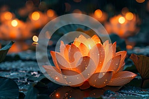 Glowing lotus flower on water at night with rain, conveys calm and peacefulness. Vesak Day greeting card.