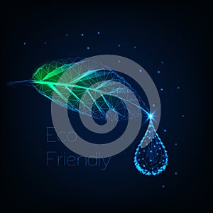 Glowing low polygonal herb leaf with water droplet and text eco friendly on dark blue background.