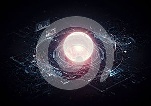 A glowing, luminous sphere is centered within a complex, futuristic digital interface.