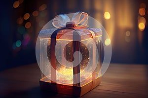Glowing magic gift box with bow against blurred festive lights