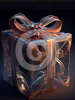 Glowing magic gift box with bow against blurred festive lights