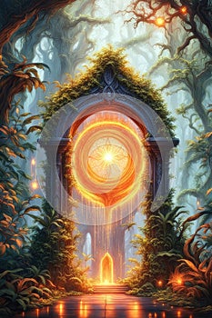 A glowing magical orange portal in the forest, vertical composition