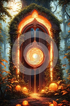 A glowing magical orange portal in the forest, vertical composition