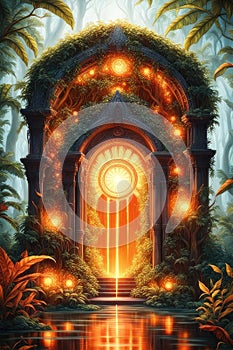 A glowing magical orange portal in the forest, vertical composition