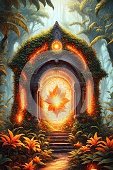 A glowing magical orange portal in the forest, vertical composition