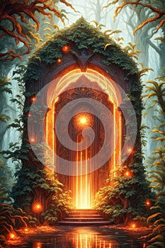 A glowing magical orange portal in the forest, vertical composition