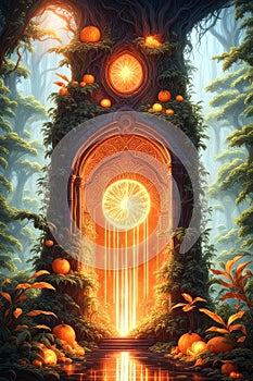 A glowing magical orange portal in the forest, vertical composition