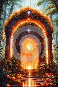 A glowing magical orange portal in the forest, vertical composition