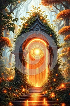 A glowing magical orange portal in the forest, vertical composition