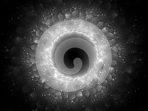 Glowing magical stargate in space with hexagonal patterns black