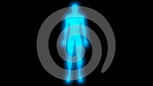 Glowing man with arms down. Internal smoke effect in body silhouette. 3d rendering illustration. Blue color