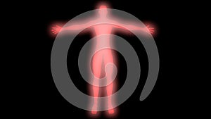 Glowing man with raised arms. Internal smoke effect in body silhouette. 3d rendering illustration. Red color