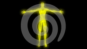 Glowing man with raised arms. Internal smoke effect in body silhouette. 3d rendering illustration. Yellow color