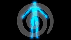 Glowing man raising arms. Internal smoke effect in body silhouette. 3d rendering illustration. Blue color