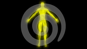 Glowing man raising arms. Internal smoke effect in body silhouette. 3d rendering illustration. Yellow color