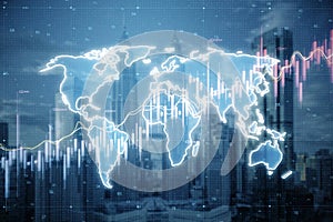 Glowing map with forex chart on blurry city texture. Finance statistics and data Analytics. Stock exchange market, investment,