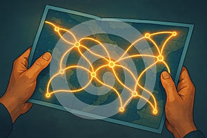 A glowing map held by human hands with connected network nodes forming a bright pattern symbolizing data links and communication