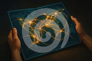 A glowing map held by human hands with connected network nodes forming a bright pattern symbolizing data links and communication