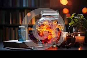 Glowing marbles in a glass jar