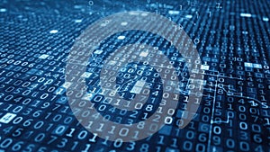 A glowing matrix of binary code in a futuristic digital landscape