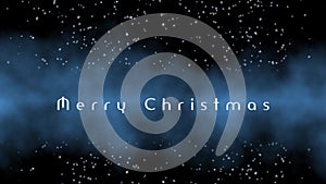 Glowing merry Christmas with animated letters and falling snowflakes background on dark blue