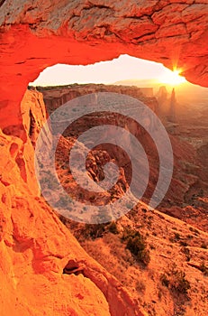 Glowing Mesa Arch at sunrise, Canyonlands National Park, Utah, U