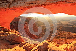 Glowing Mesa Arch at sunrise, Canyonlands National Park, Utah, U