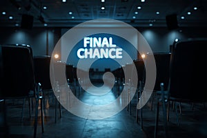 Glowing messages illuminate empty conference chairs in dimly lit hall