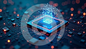 Ai chip and abstract digital atom icon on technology background