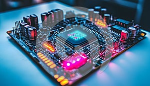 Glowing microchip circuit board with central processor and components