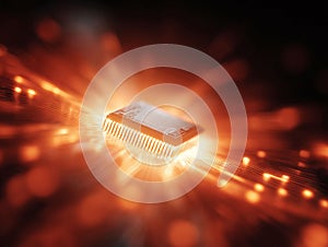 Glowing microchip on a circuit board, symbolizing technology, connectivity, innovation. Represents artificial intelligence, data