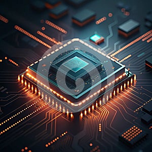 Glowing microchip cpu processor circuit board futuristic technology digital data