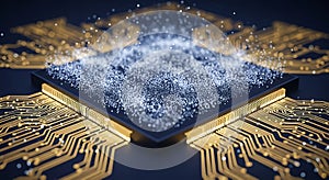 Glowing Microchip with Data Particles and Circuitry computer chip processor