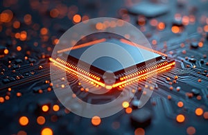 Glowing microprocessor chip circuit board detail. Digital technology, computing, data processing concept. CPU, central processor