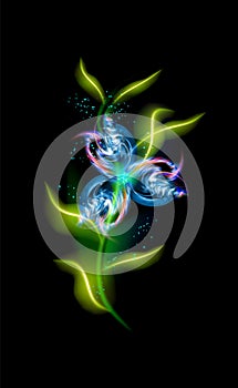 Glowing modern flower blue. Colorful ornamental floral element in black background. Beautiful trendy illuminated ornaments with