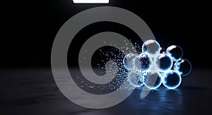 Glowing molecular structure dissolving in dark space