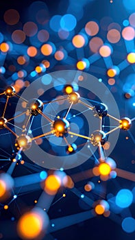 Glowing molecular structure representing network connection technology and scientific research with abstract blue