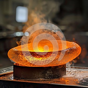 Glowing molten metal in industrial foundry