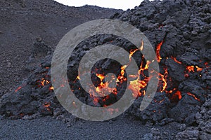 Glowing molten volcanic rock of Eyjafjallajokull Fimmvorduhals Iceland